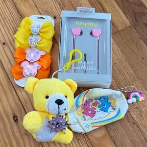 Bundle of 4 Heyday Pink Earbuds with Yellow Teddy and Rainbow Pouch and clips